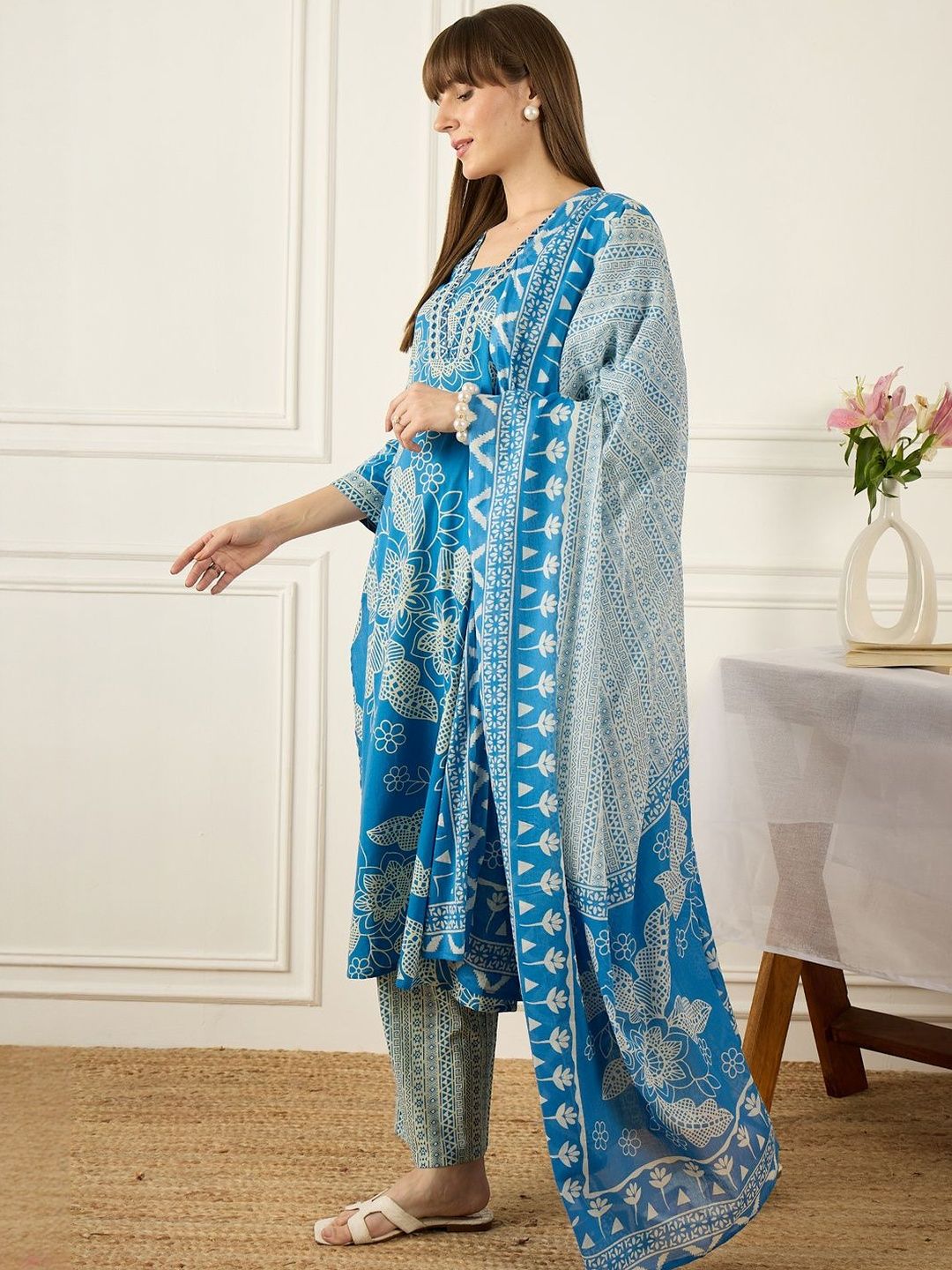 Floral Printed V-Neck Regular Pure Cotton A-Line Kurta With Trousers & Dupatta