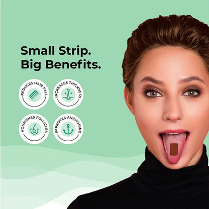 Wellbeing Nutrition Melts for healthy hair and hair fall control, shown in a blister pack with six strips for oral consumption.