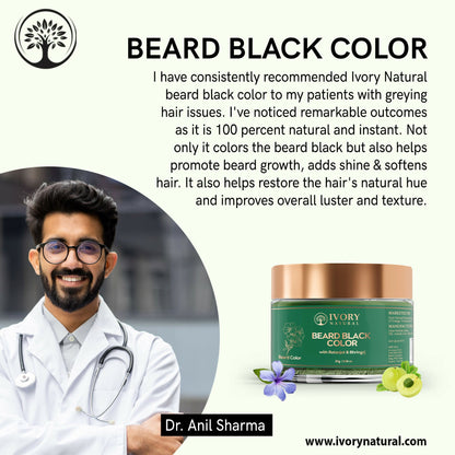 Ivory Natural beard color powder in black, organic plant-based formula, showing a beard with natural black color and smooth texture.