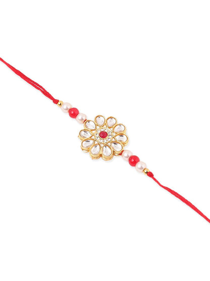 Anouk Set Of 2 Gold Toned Kundan Floral Design Bhaiya Bhabhi Rakhi Set With Roli Chawal