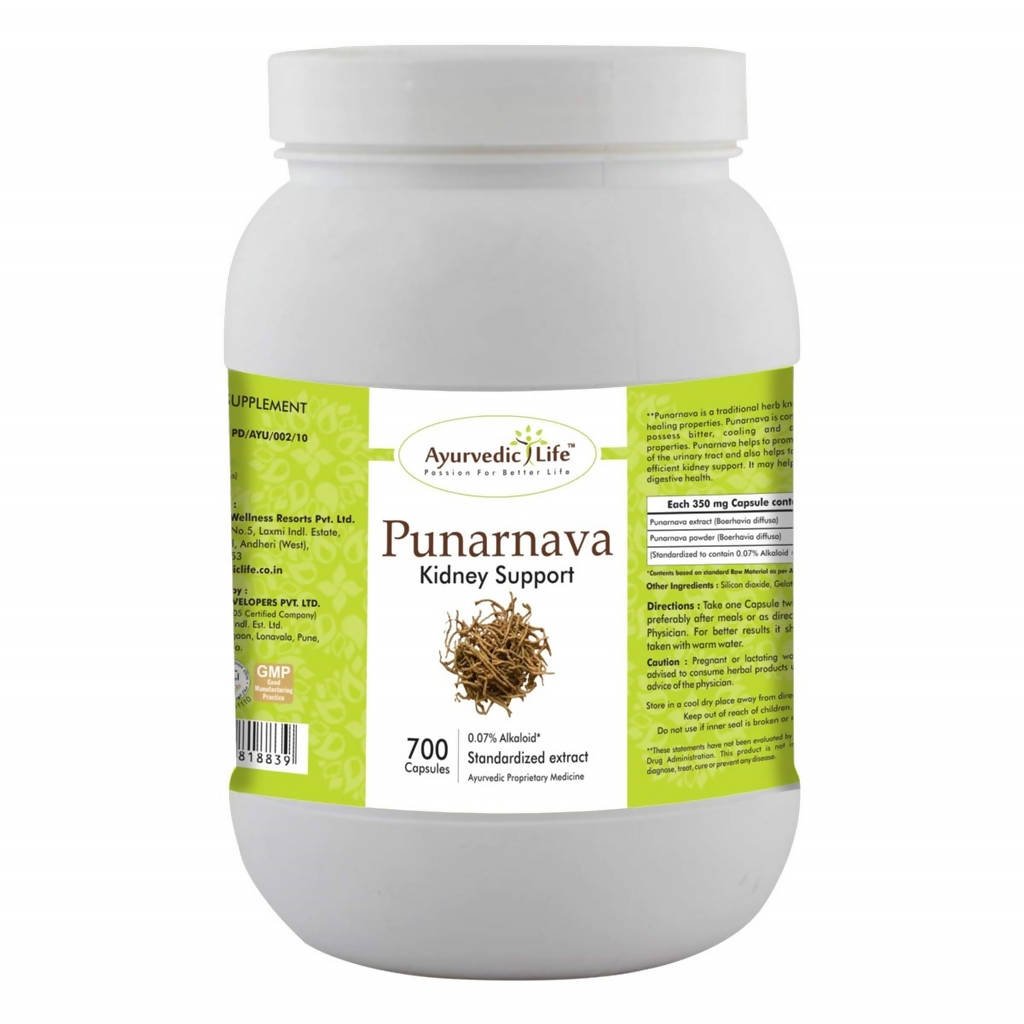 Ayurvedic Life Punarnava capsules in a clear glass bottle, showing green herbal capsules used for traditional Ayurvedic health.