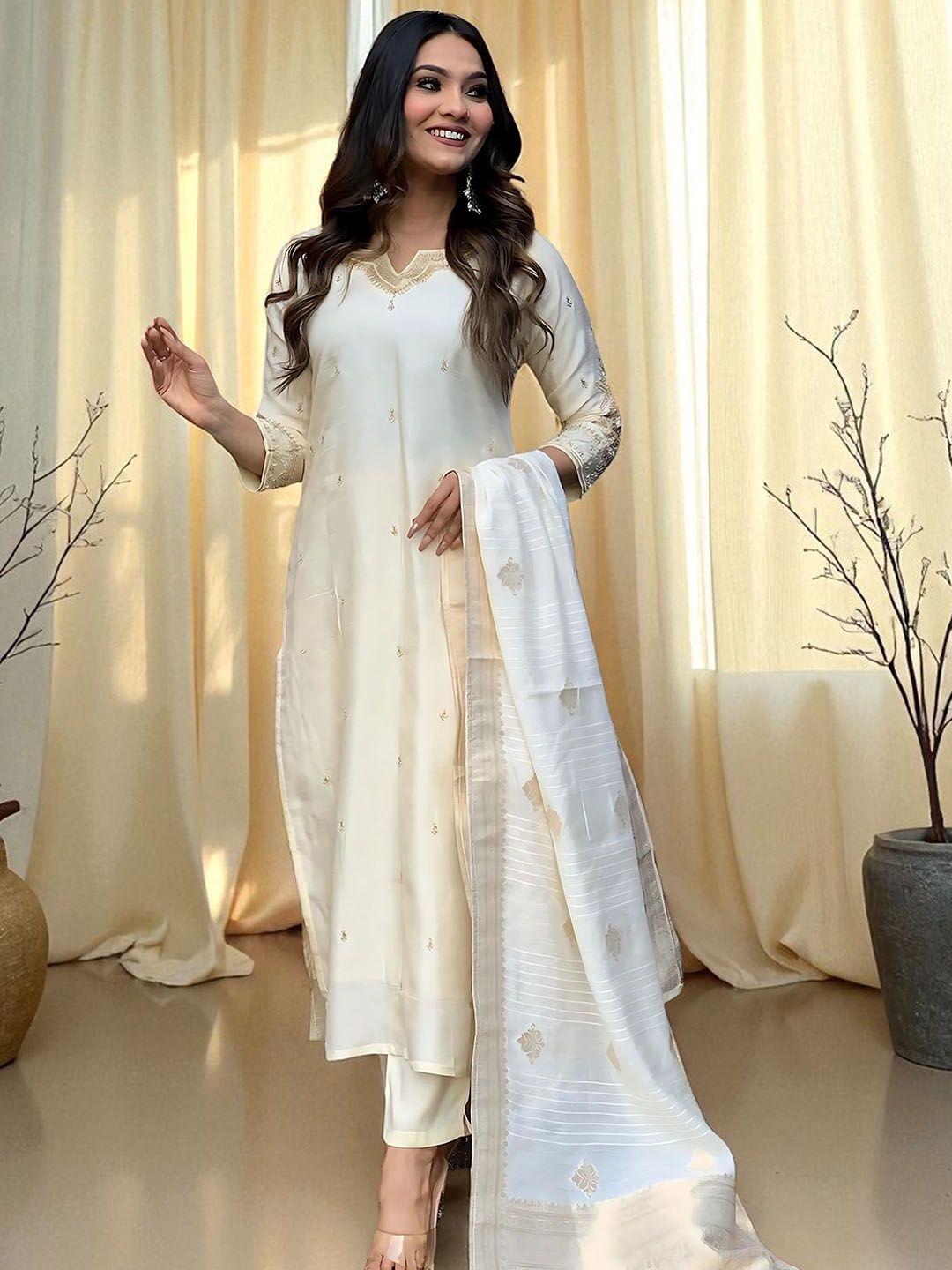 Indyancart SN Women's Floral Embroidered Cotton Kurta with Pyjamas & Dupatta