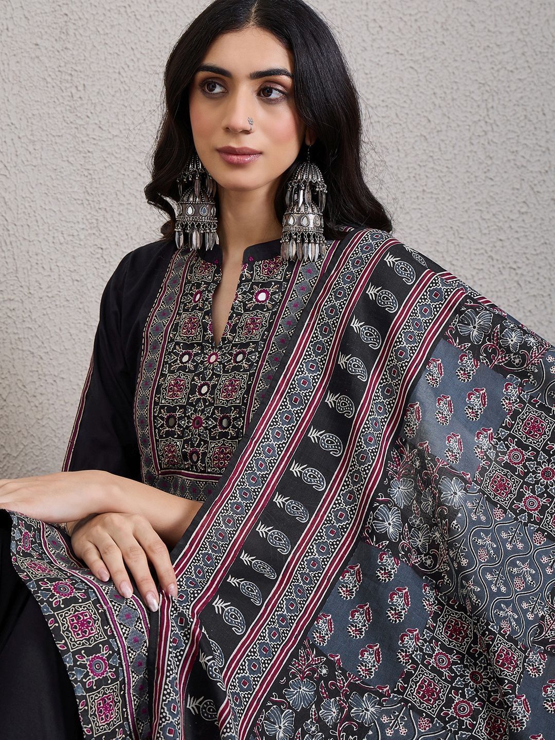 Ethnic Motifs Printed Mirror Work Pure Cotton Kurta With Trousers & Dupatta