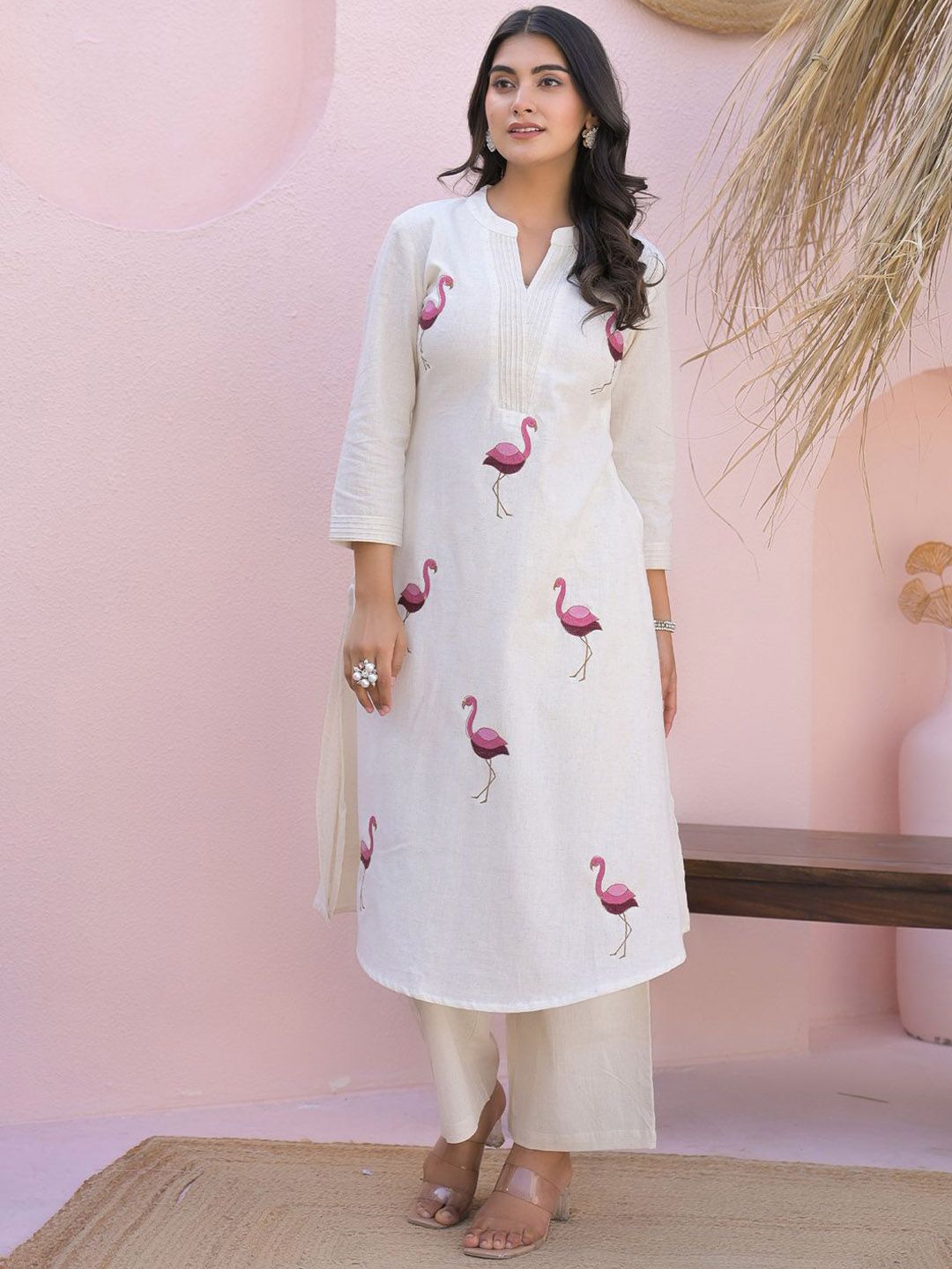 Indyancart IE Embroidered Mandarin Collar Pure Cotton Tunic With Palazzos