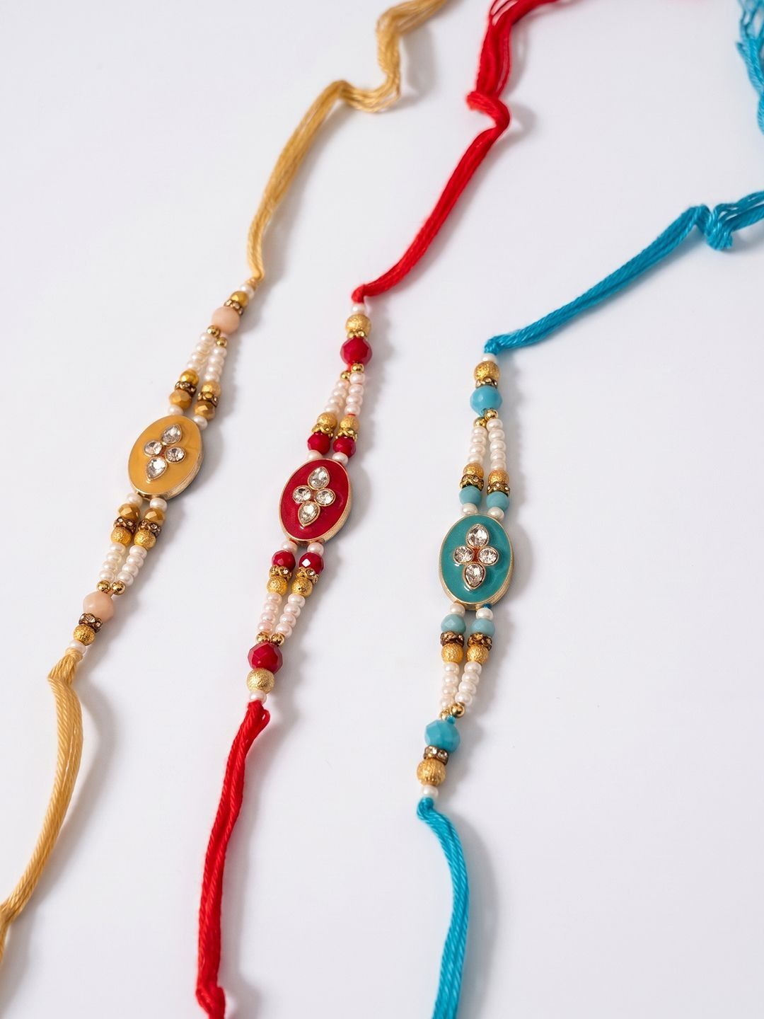 Anouk Set Of 3 Multicolor Artificial Beads & White Pearls Thread Rakhi With Roli Chawal
