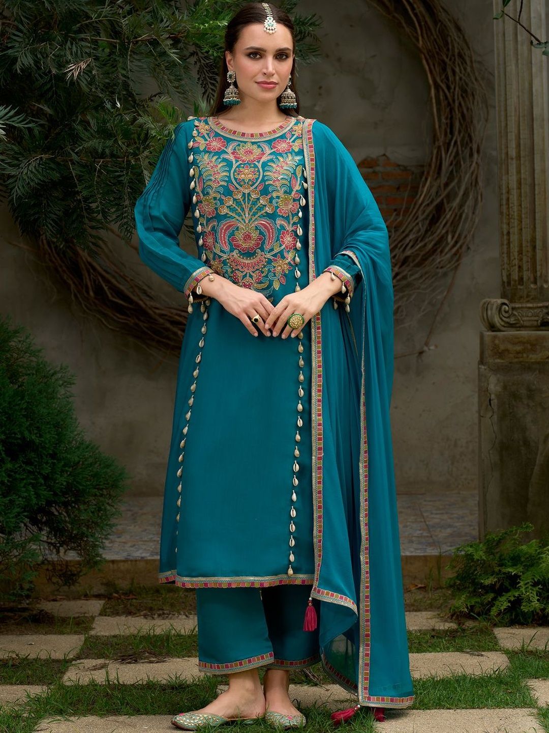 Floral Embroidered A-Line Round Neck Beads & Stones Kurta With Trousers & Dupatta