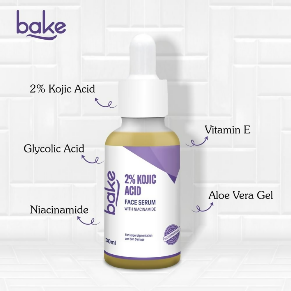 Bake 2% Kojic Acid face serum with niacinamide, clear bottle showing serum and dropper for brightening skincare.