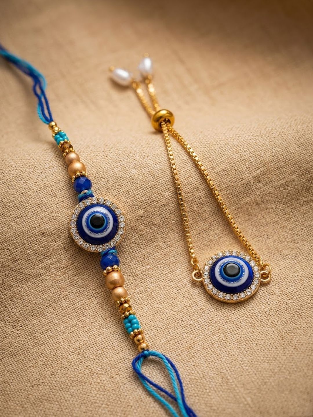 Anouk Set Of 2 Blue Evil Eye Gold Toned Bhaiya Bhabhi Rakhi