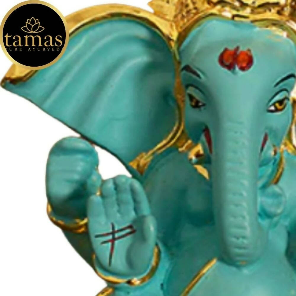 Tamas Gold-Polished Gaj Karna Ganesh Idol Flora Blue & Gold Color
