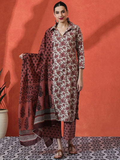 Indyancart SN Women's Floral Printed Pure Cotton Straight Kurta With Trousers & Dupatta