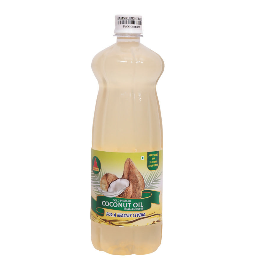 Bottle of Samvruddhi Chekku Coconut Oil with a clear label, showcasing the natural, pure coconut oil inside.