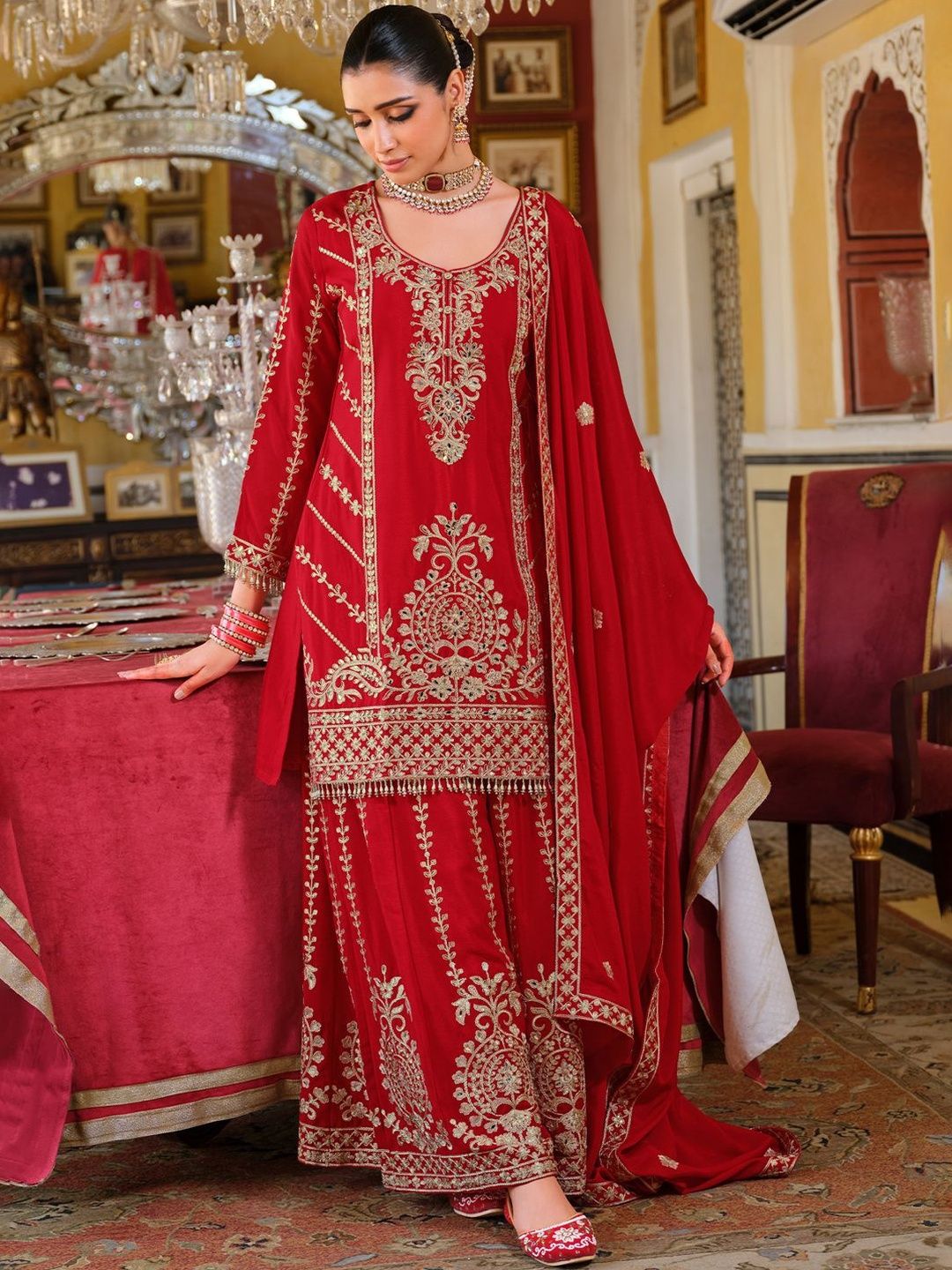 Women Ethnic Motifs Embroidered Mirror Work Kurta with Palazzos & Dupatta