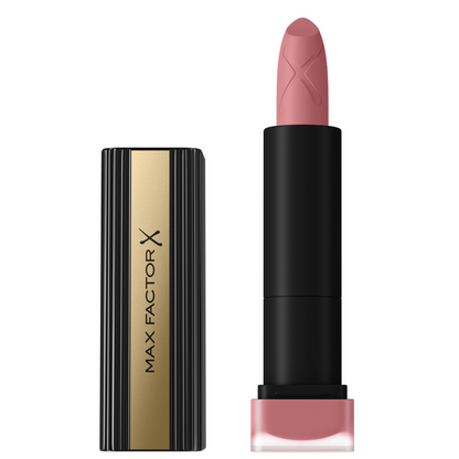 Max Factor Colour Elixir Velvet Matte Nude Lipstick showing a smooth, matte beige lipstick bullet in a sleek tube.