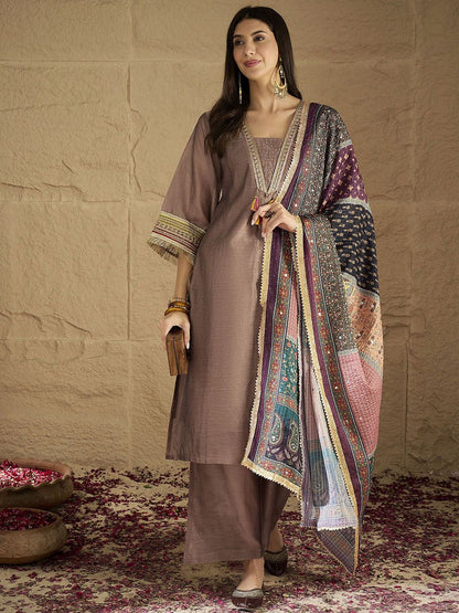 Indyancart VA Ethnic Motifs Yoke Design V-Neck Straight Kurta With Palazzos & Dupatta