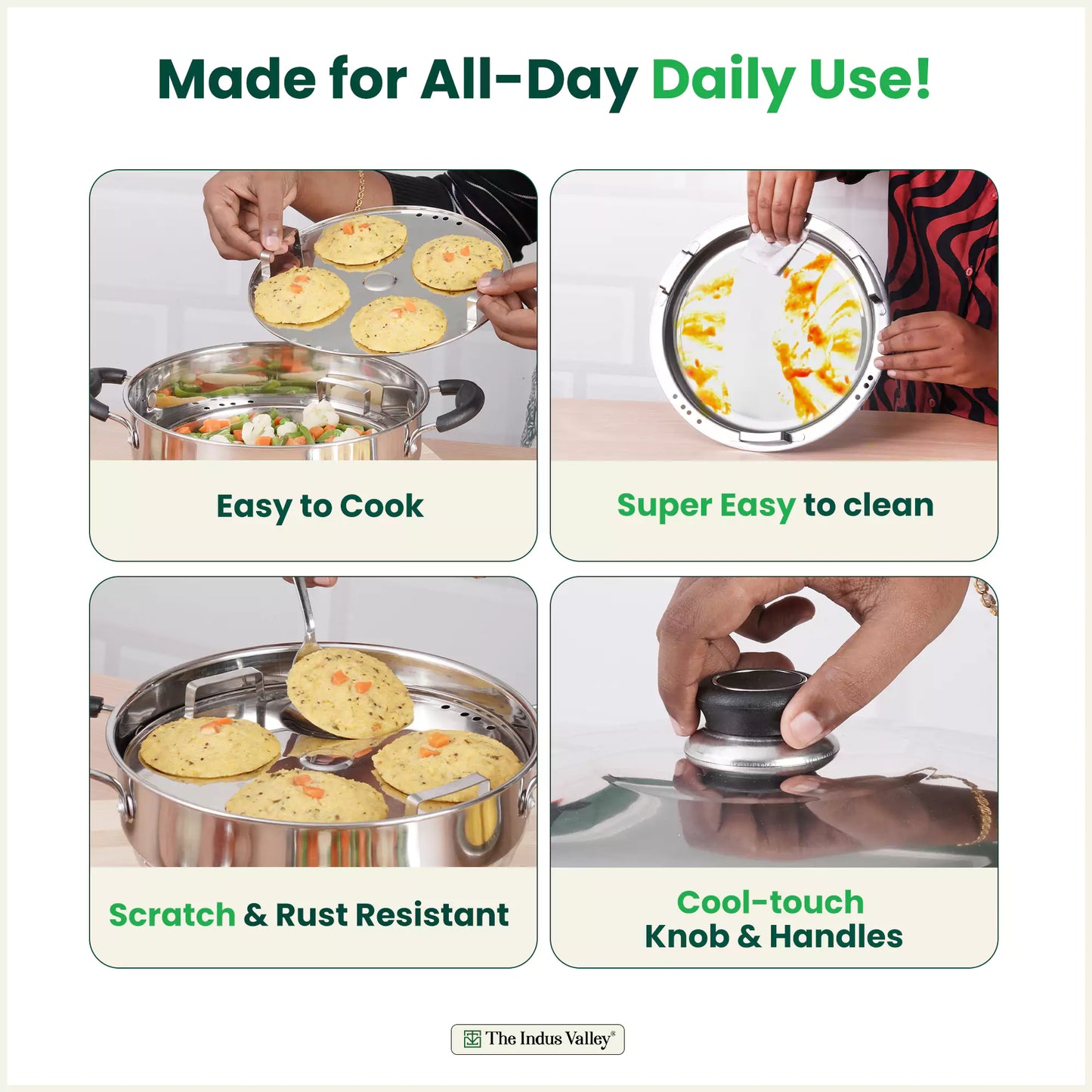 The Indus Valley 8 Pit Tri-Steel Multi Pot Handi for steaming idlis, dhoklas, momos, with 5 plates and tri-ply induction bottom.