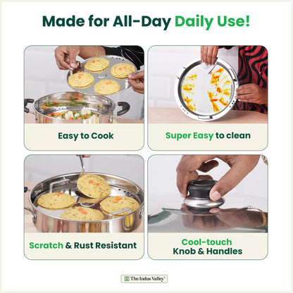 The Indus Valley 8 Pit Tri-Steel Multi Pot Handi for steaming idlis, dhoklas, momos, with 5 plates and tri-ply induction bottom.