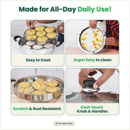 The Indus Valley 14 Pit Tri-Steel Multi Pot Handi for steaming idli, dhokla, momo, with 5 plates, stainless steel, tri-ply induction bottom