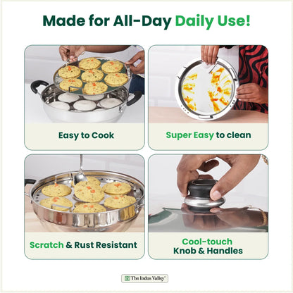 The Indus Valley 14 Pit Tri-Steel Multi Pot Premium Stainless Steel Idli/ Dhokla/ Momo Maker/  Veg Steaming Set, Tri-ply Induction Bottom, 5 Plates, 4.2L, 2.5kg