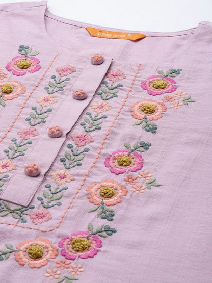 Dhiyona IE Women Lavender Floral Yoke Design Thread Work Kurta with Trousers & With Dupatta
