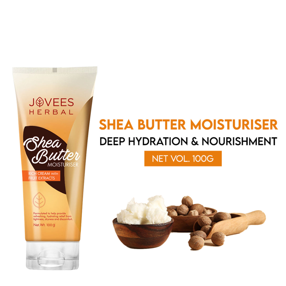 Jovees herbal Shea Butter moisturizer jar showing creamy texture, designed for hydrating normal and dry skin, 100 gm.