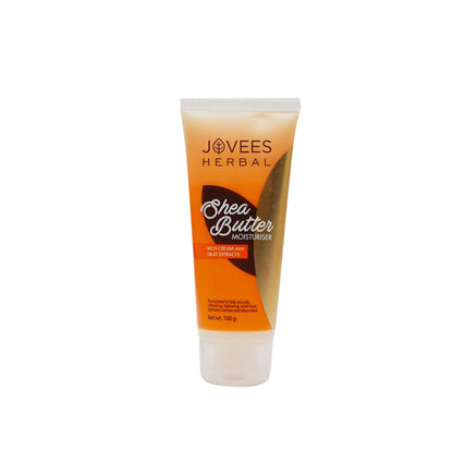 Jovees herbal shea butter moisturizer jar showing creamy shea butter formula for hydrating normal and dry skin in a 100 gm container.