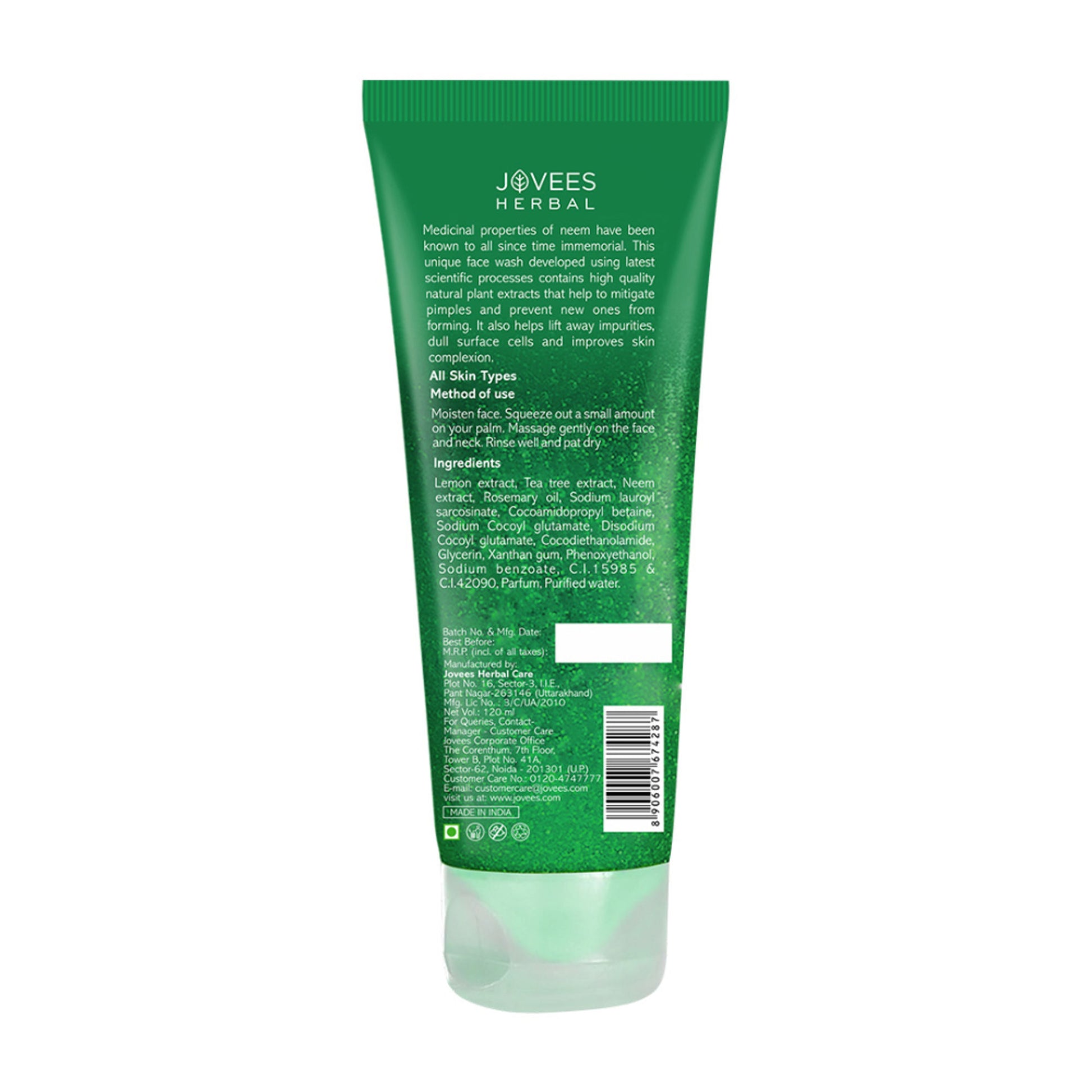 Jovees Herbal Neem Face Wash For Acne And Pimple Care Bright, Clear And Glowing Skin - 120 ml