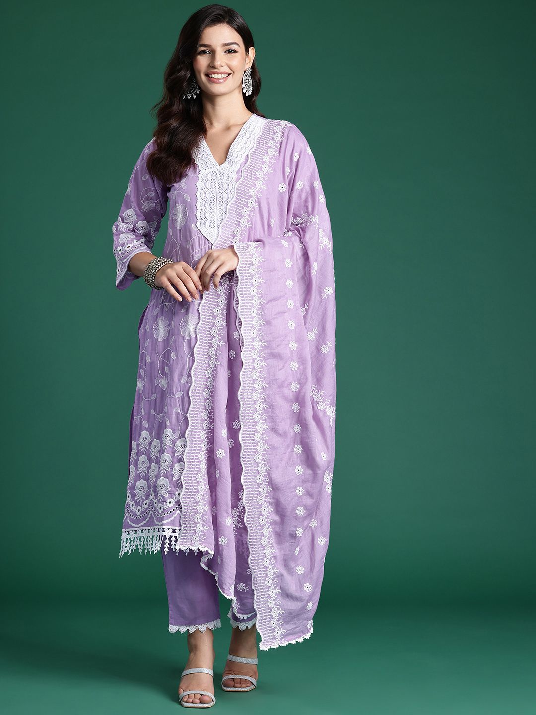 Indyancart IE Floral Embroidered Thread Work Pure Cotton Kurta With Trousers & Dupatta