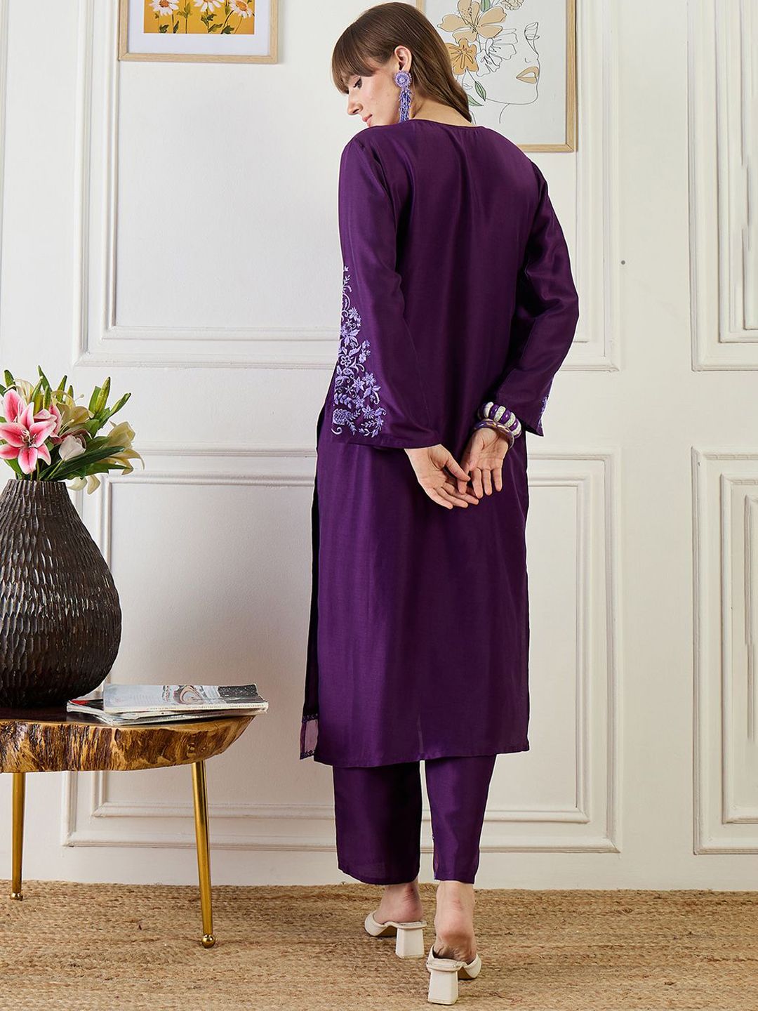 Indyancart IE Embroidered Straight Tunic With Trousers Co-Ords