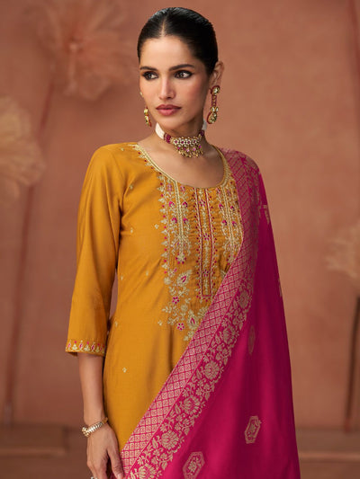 Indyancart VA Women'sFloral Embroidered Zari Work Round Neck Straight Kurta With Trousers & Dupatta
