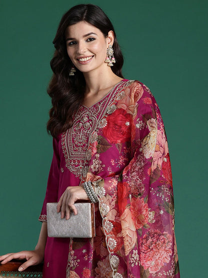 Indyancart IE Women Ethnic Motifs Embroidered Regular Kurta with Trousers & With Dupatta