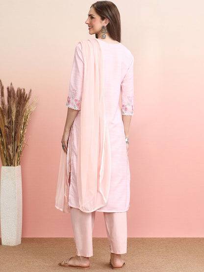 Indyancart IE Floral Embroidered Thread Work Pure Cotton Kurta with Trousers & Dupatta