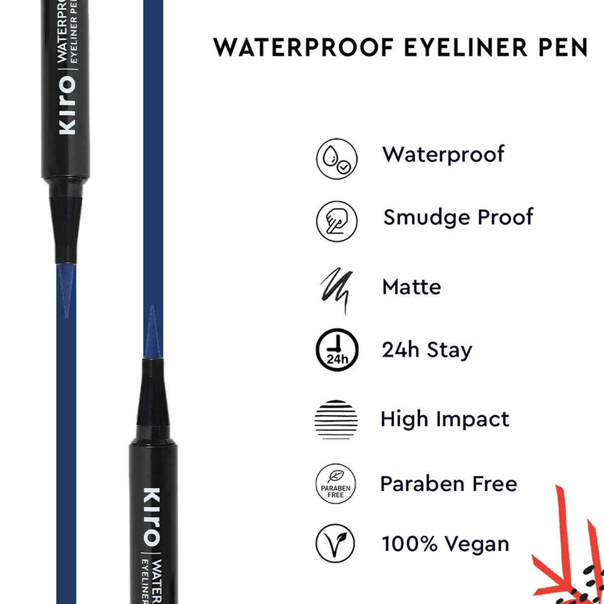 KIRO waterproof soft-matte eyeliner pen in Azure Blue, with a sleek black cap and precise tip for detailed eye makeup application