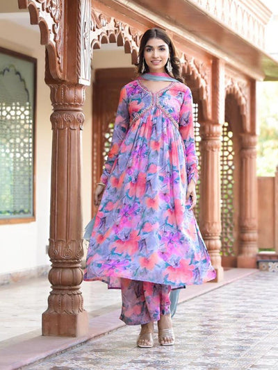 Indyancart VA Women'sFloral Printed Mirror Embroidered Alia-Cut Gather Detail A-Line Kurta With Dupatta