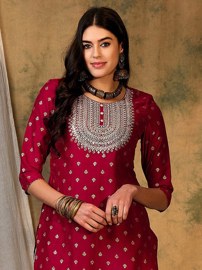 Dhiyona IE Ethnic Motifs Printed Thread Work Straight Kurta
