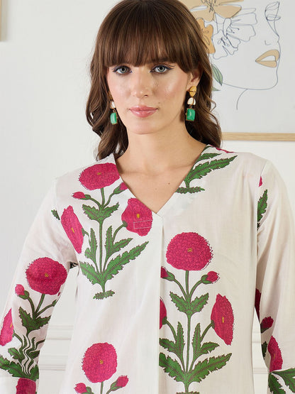 Floral Printed V-Neck Pure Cotton A-Line Kurta With Trouser
