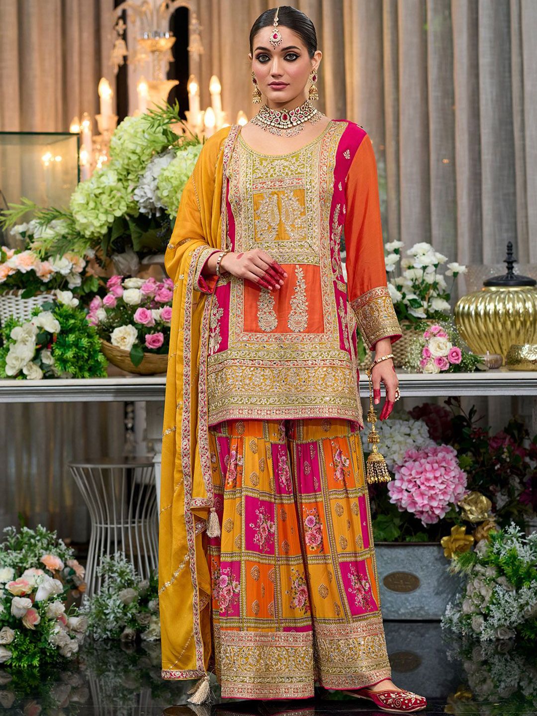 Sequinned Embroidered Round Neck Kurta With Palazzos & Dupatta