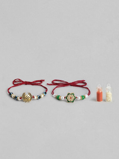 Indyancart Unisex Set of 2 Beaded Bhai Bhabhi Rakhis With Roli & Chawal