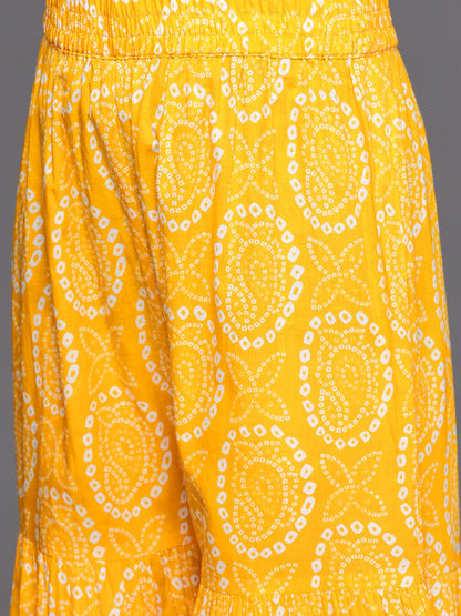 Indyancart VA Women's Mustard Yellow Bandhani Printed Pure Cotton Kurta with Sharara & Dupatta