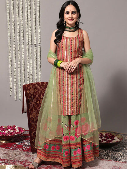 Indyancart VA Women'sEthnic Printed Gotta Patti Straight Kurta With Sharara & Dupatta