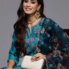 Dhiyona IE Women Teal Floral Embroidered Regular Thread Work Kurta with Trousers & With Dupatta