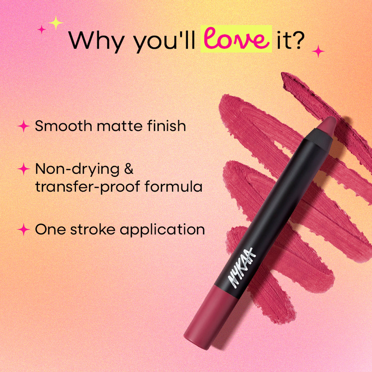 Nykaa Matte-illicious Transferproof Lip Crayon in Pink On Fleek 03 with free sharpener, showcasing the vibrant pink lipstick.