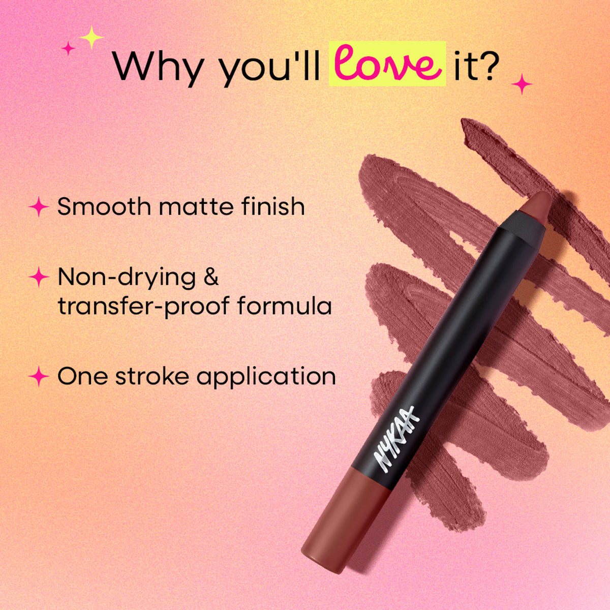 Nykaa Matte-illicious Transferproof Lip Crayon in Jade Rose 11 with free sharpener, shown with the crayon and sharpener on a white background.