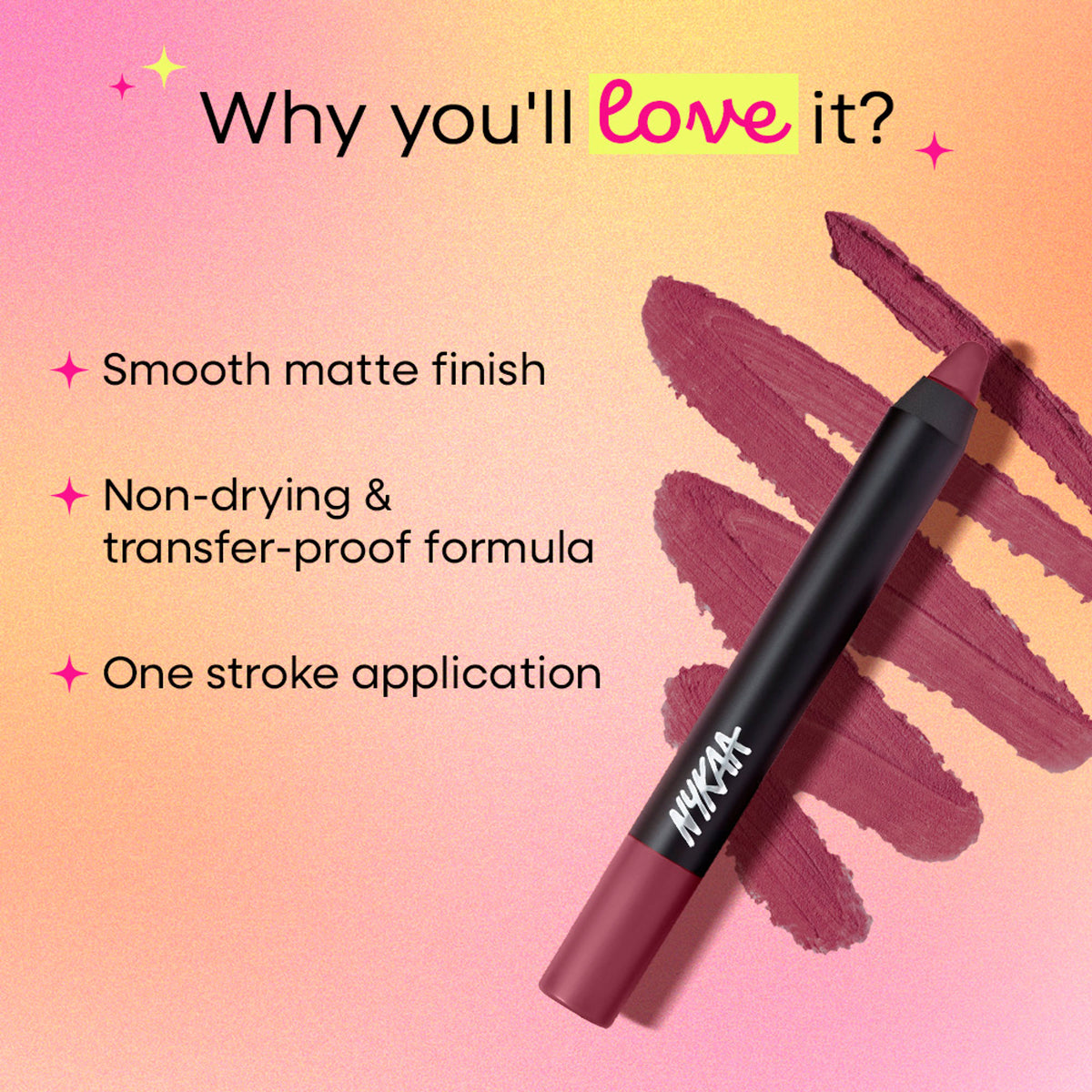 Nykaa Matte-illicious transferproof lip crayon in Twilight Dreams 13, with a free sharpener, featuring a smooth, matte finish.