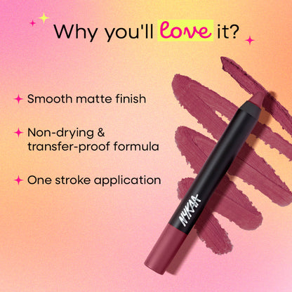 Nykaa Matte-illicious transferproof lip crayon in Twilight Dreams 13, with a free sharpener, featuring a smooth, matte finish.