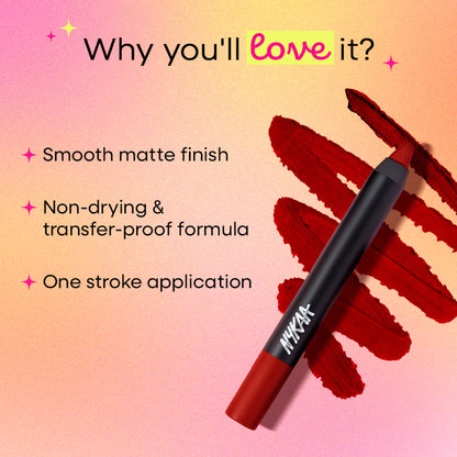 Nykaa Matte-illicious Transferproof Lip Crayon in Call Me Scarlet, vibrant red lipstick with sharpener, from Nykaa Cosmetics.