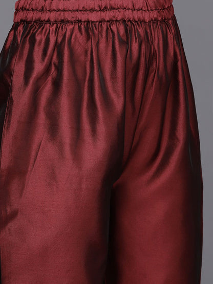 Indyancart VA Women's Maroon Ethnic Motifs Kurta with Trousers & Dupatta