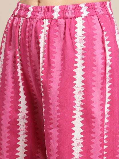 Indyancart VA Women's Pink Floral Printed Sequinned Pure Cotton Kurta with Sharara