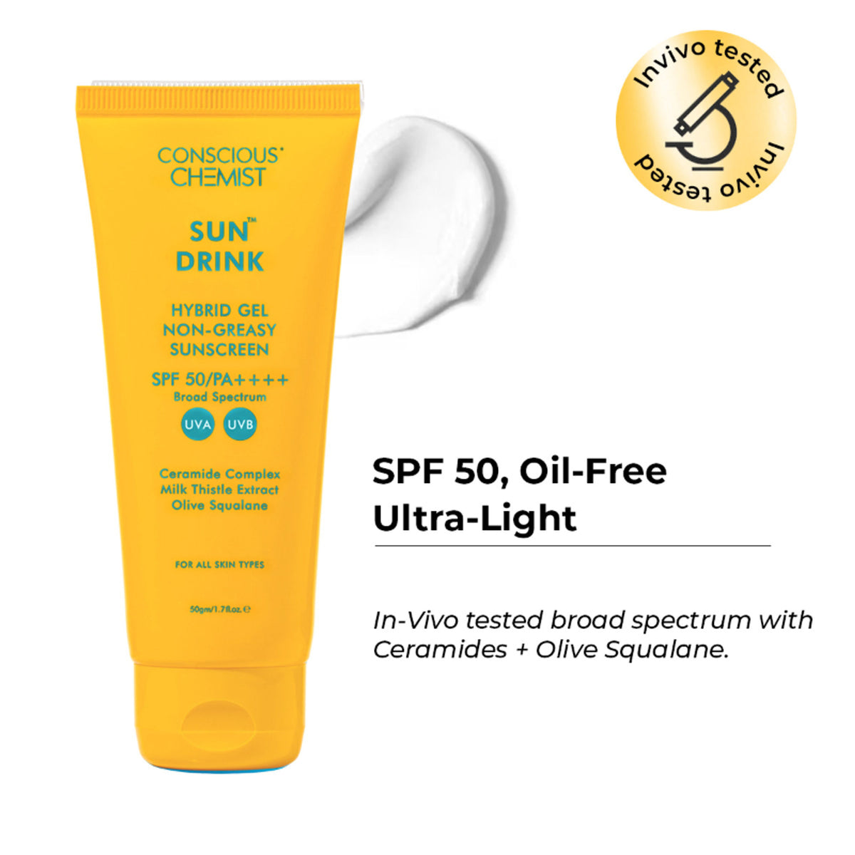 Conscious Chemist Sun Drink Ceramides Hybrid Gel Sunscreen SPF50 PA++++ With UVA/UVB & No White Cast