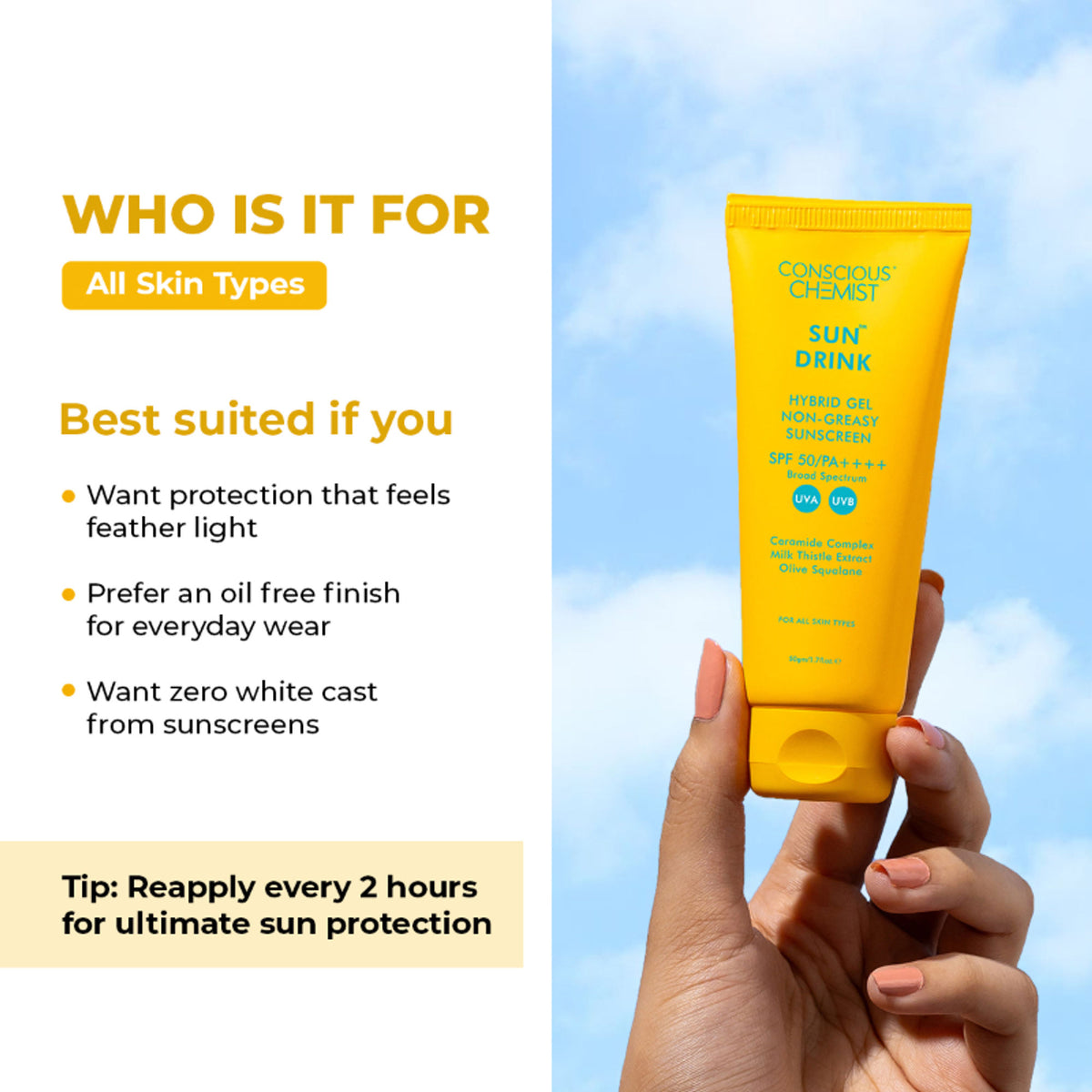 Conscious Chemist Sun Drink Ceramides Hybrid Gel Sunscreen SPF50 PA++++ With UVA/UVB & No White Cast