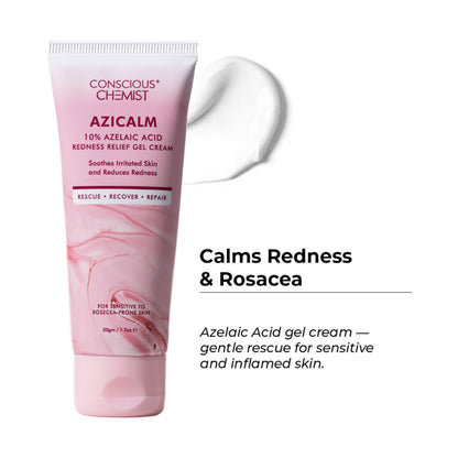Conscious Chemist Azelaic Acid Gel Cream for redness relief and acne treatment, showing the product tube and packaging.